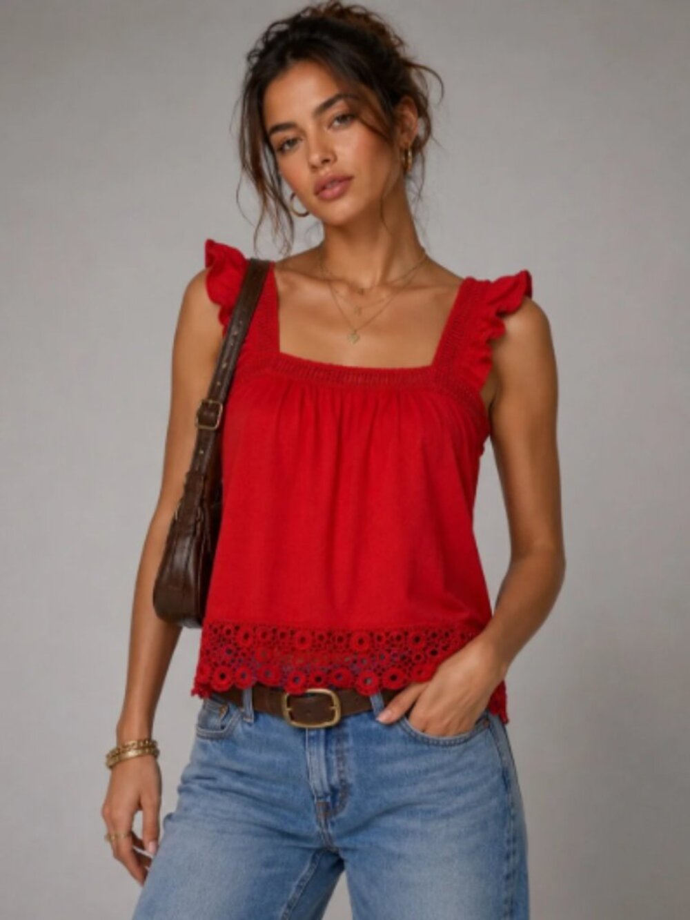 Elle Solid Red Orange Ruffle-Strap Crochet-Hem Camisole Tank Top Cotton size M